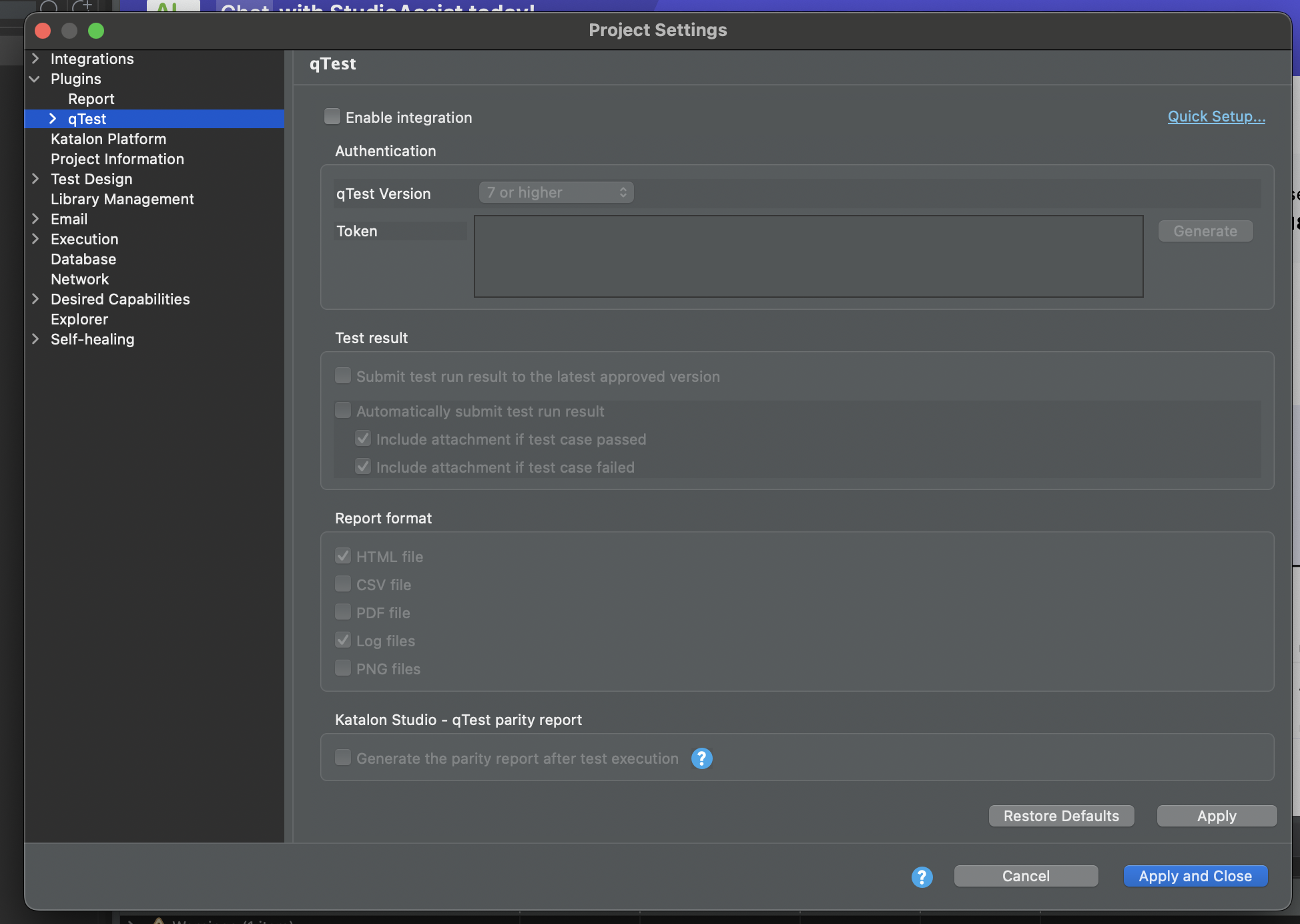 qTest Plugin Settings in Katalon Studio
