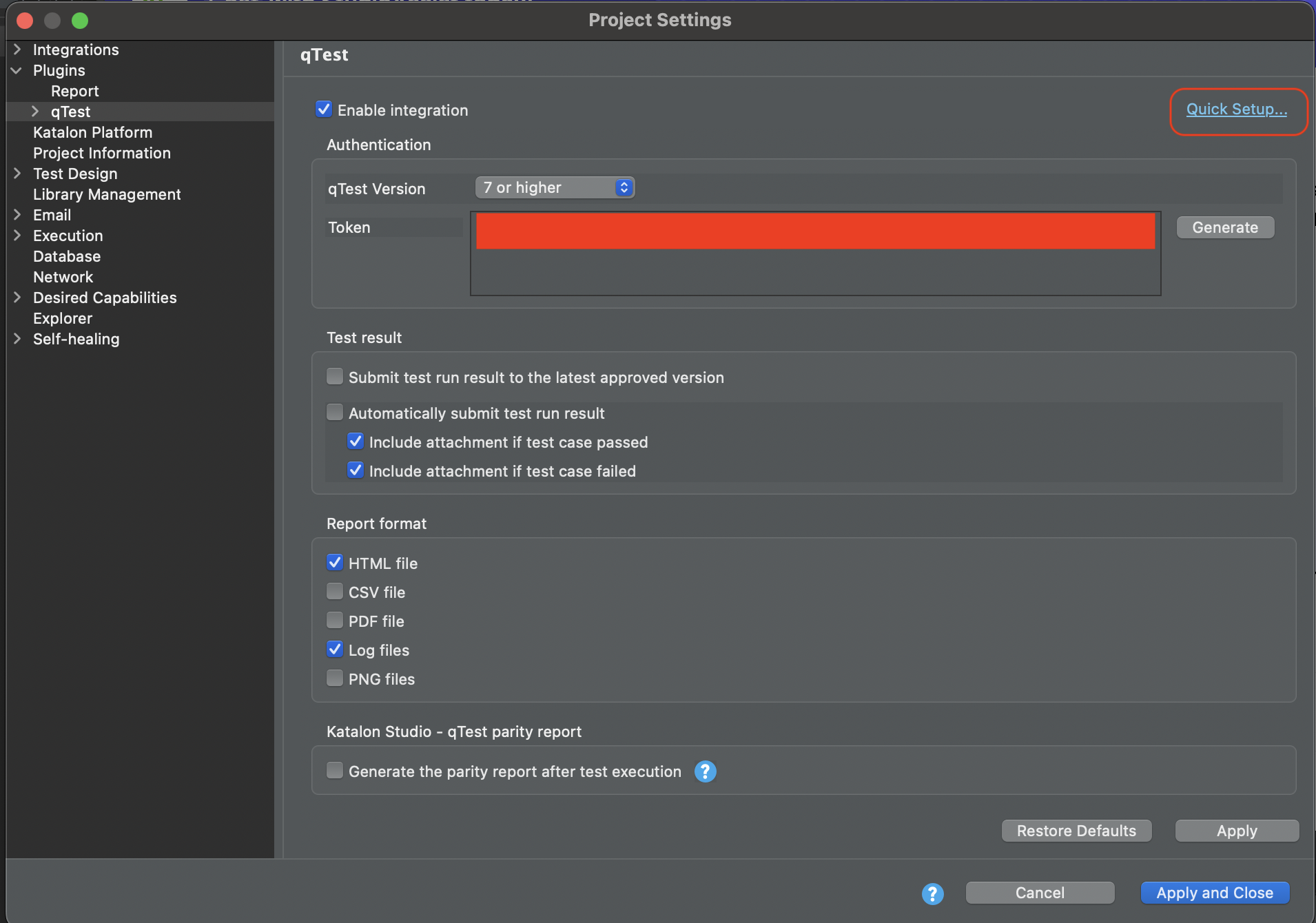 qTest Plugin Settings in Katalon Studio