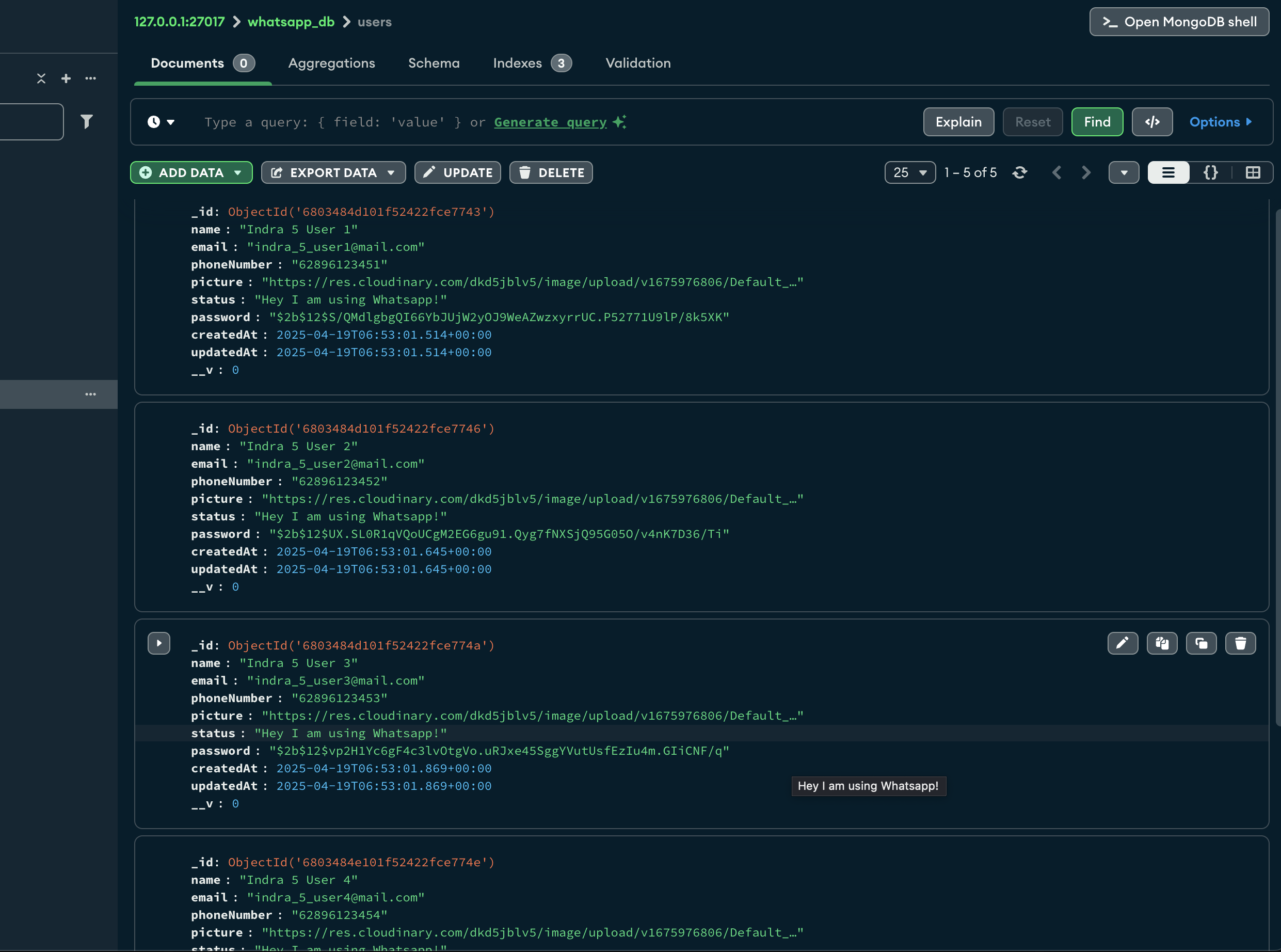 MongoDB Compass Register Inserted