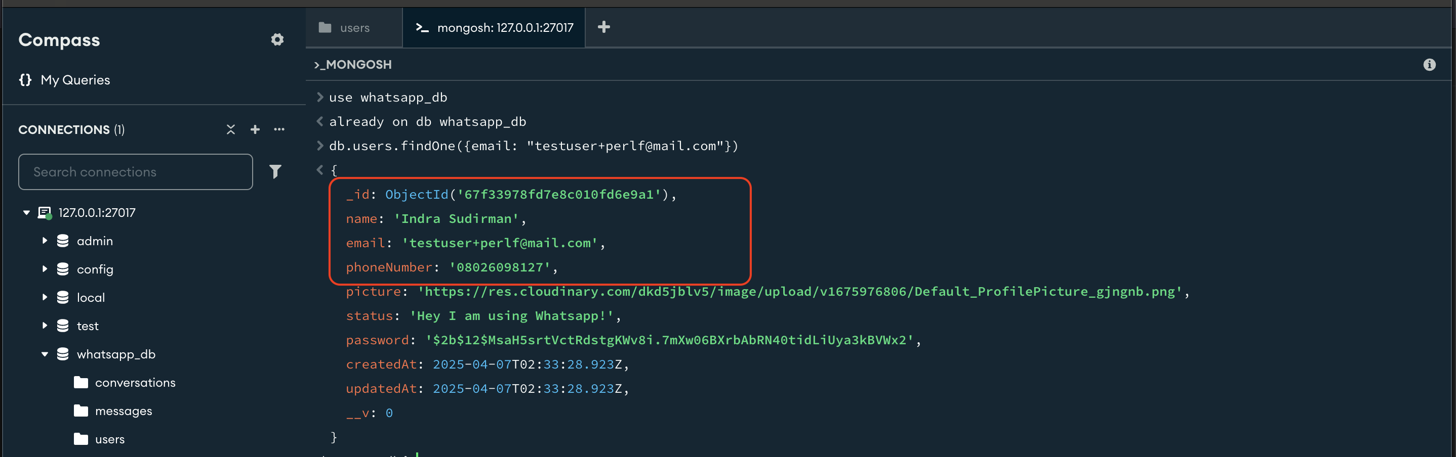 MongoDB Compass Register Inserted