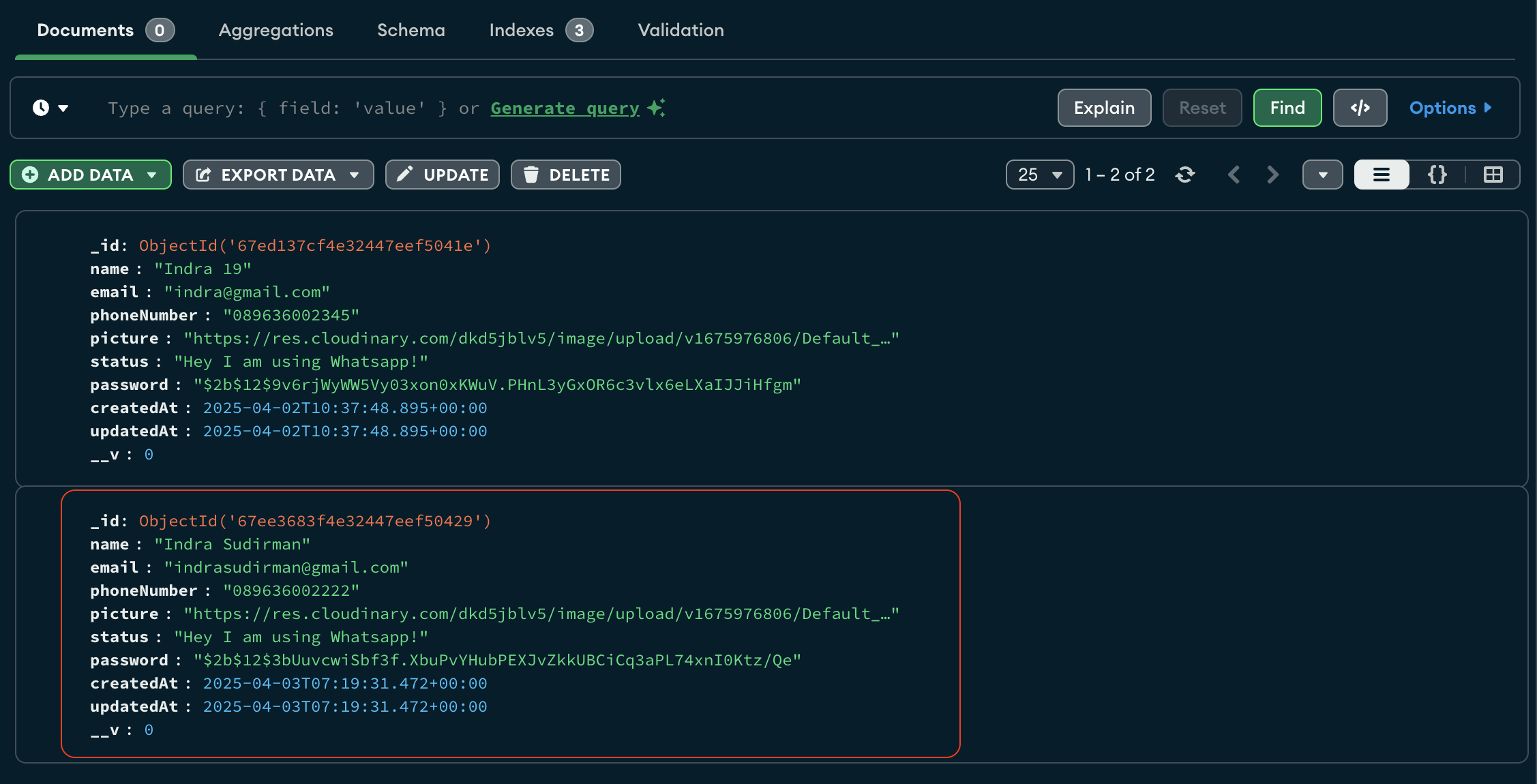 MongoDB Compass Register Inserted