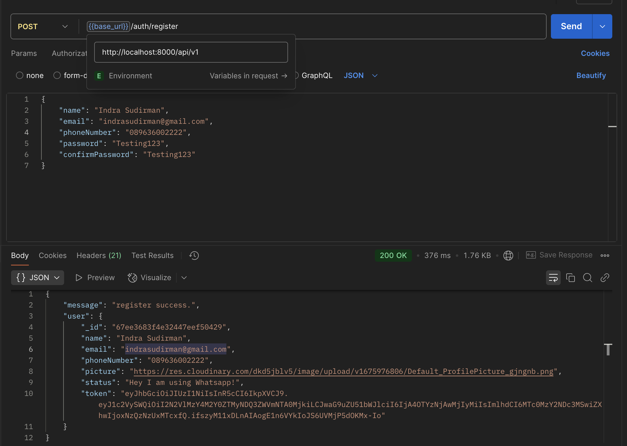 Test Via Postman The Register endpoint