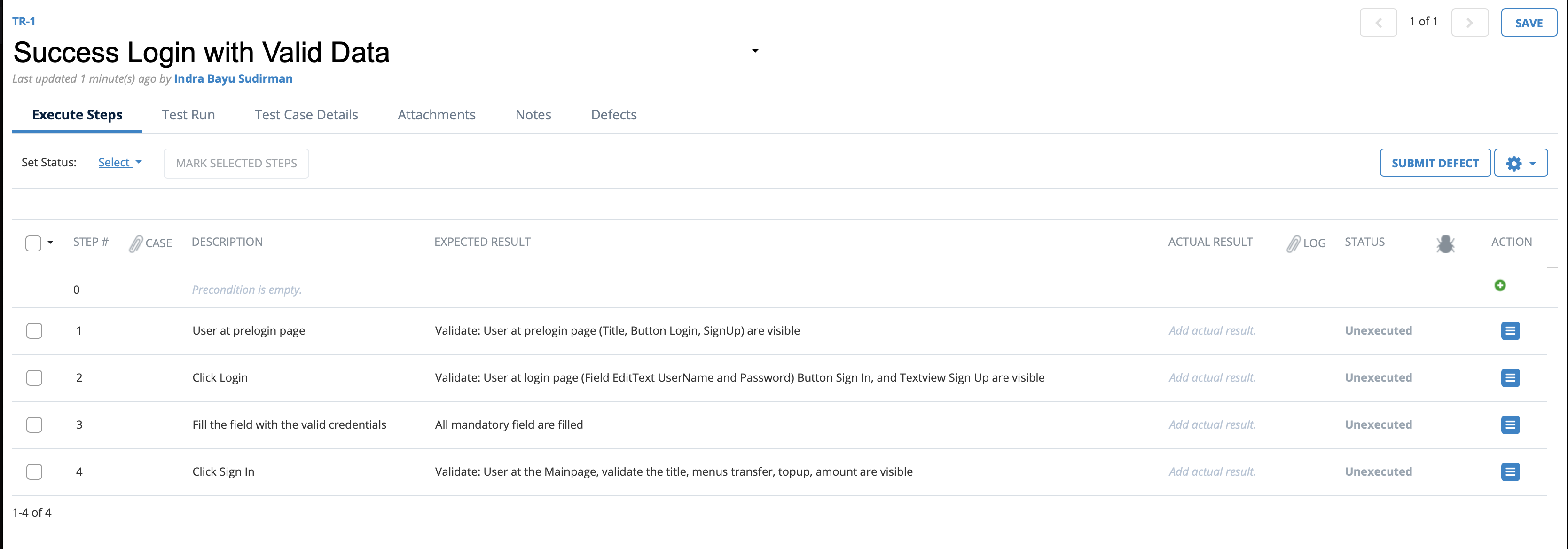 qTest Test Run with 4 Test Steps