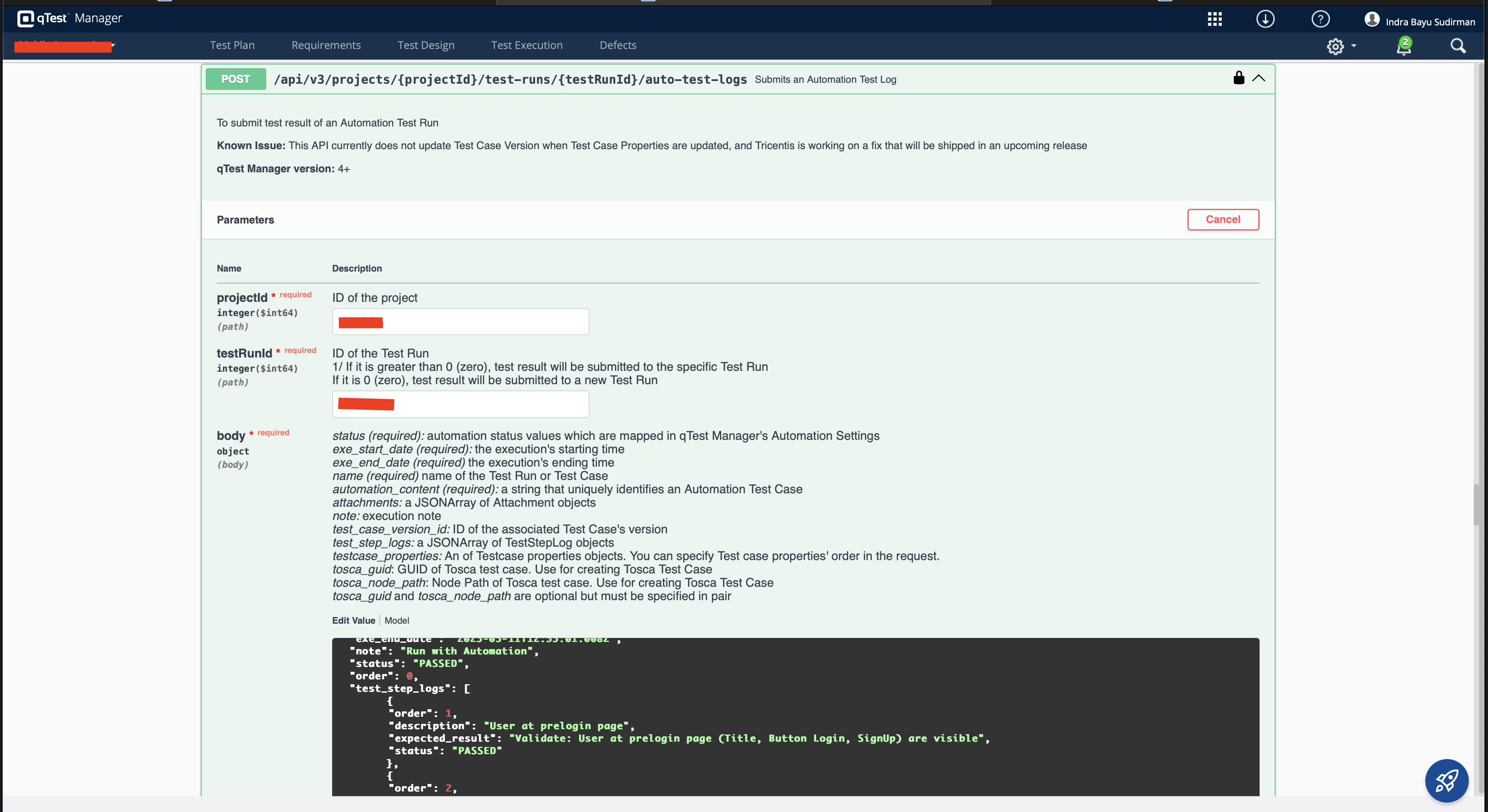 qTest Request Payload Test Step Status